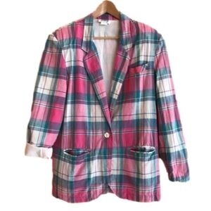 Vintage F Shay pink green plaid boyfriend blazer plus size 14